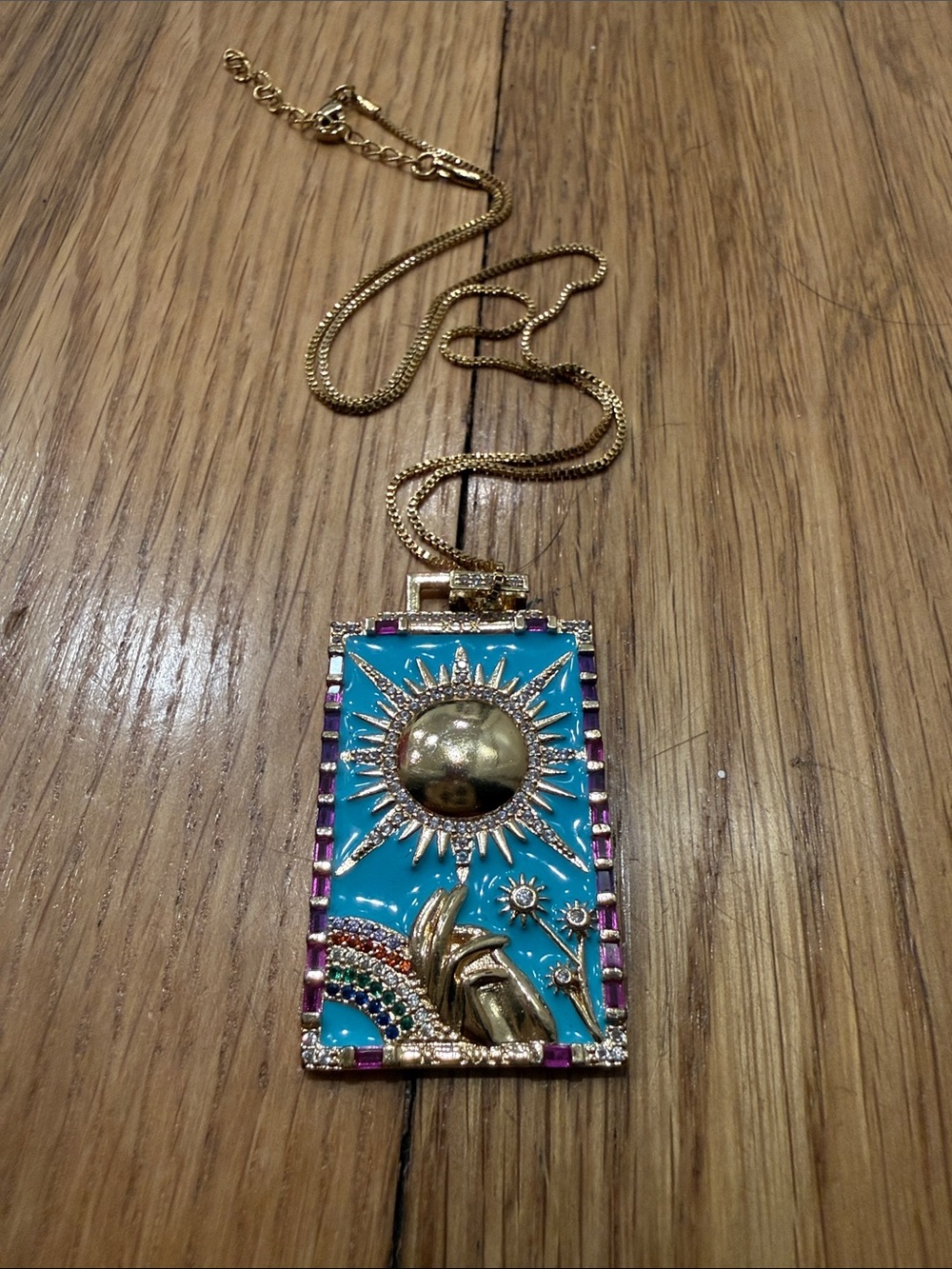 Gold-tone Rectangular Pendant Necklace with Circular Accent